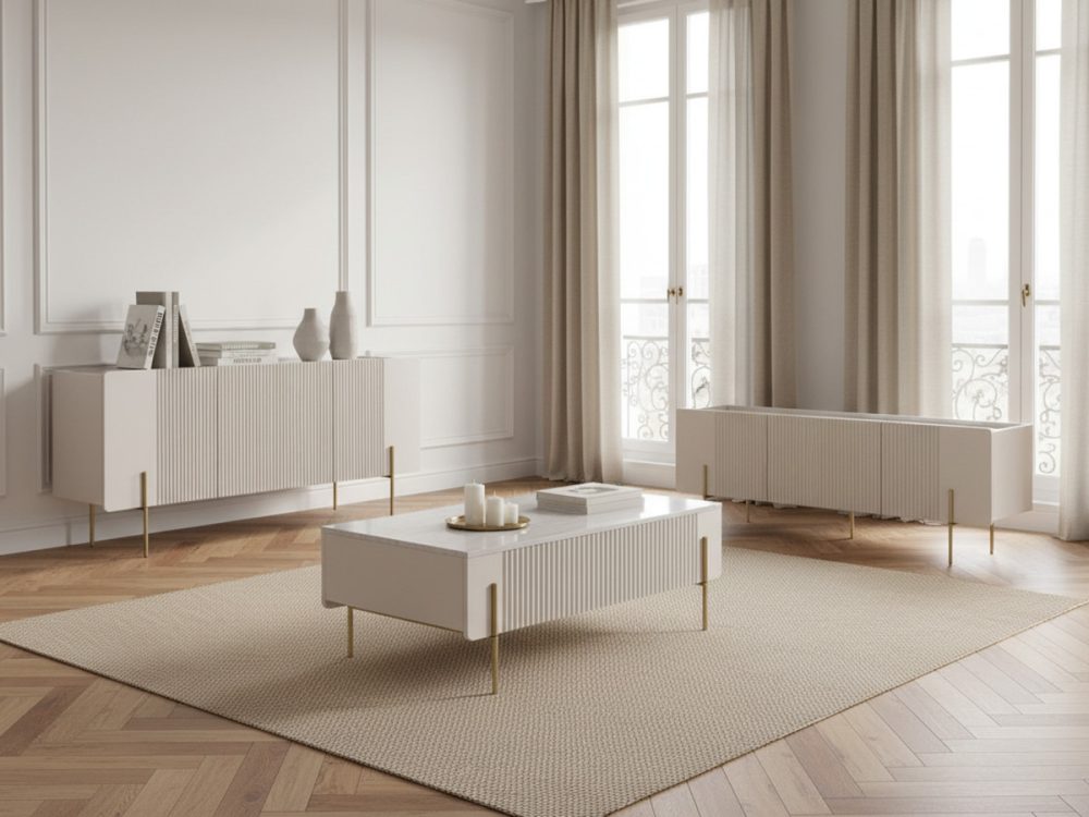Ensemble MATHILDE avec buffet 150 cm + meuble TV 150 cm + table basse 100 cm plateau effet marbre et pieds or – Image 2