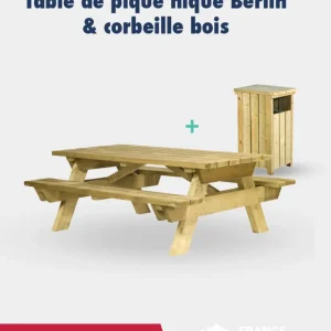 Promo 3 tables pique nique Berlin + 2 corbeilles bois Alicante