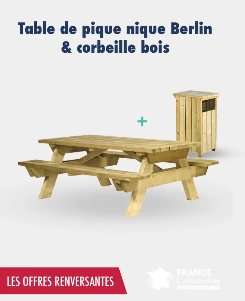 Promo 3 tables pique nique Berlin + 2 corbeilles bois Alicante