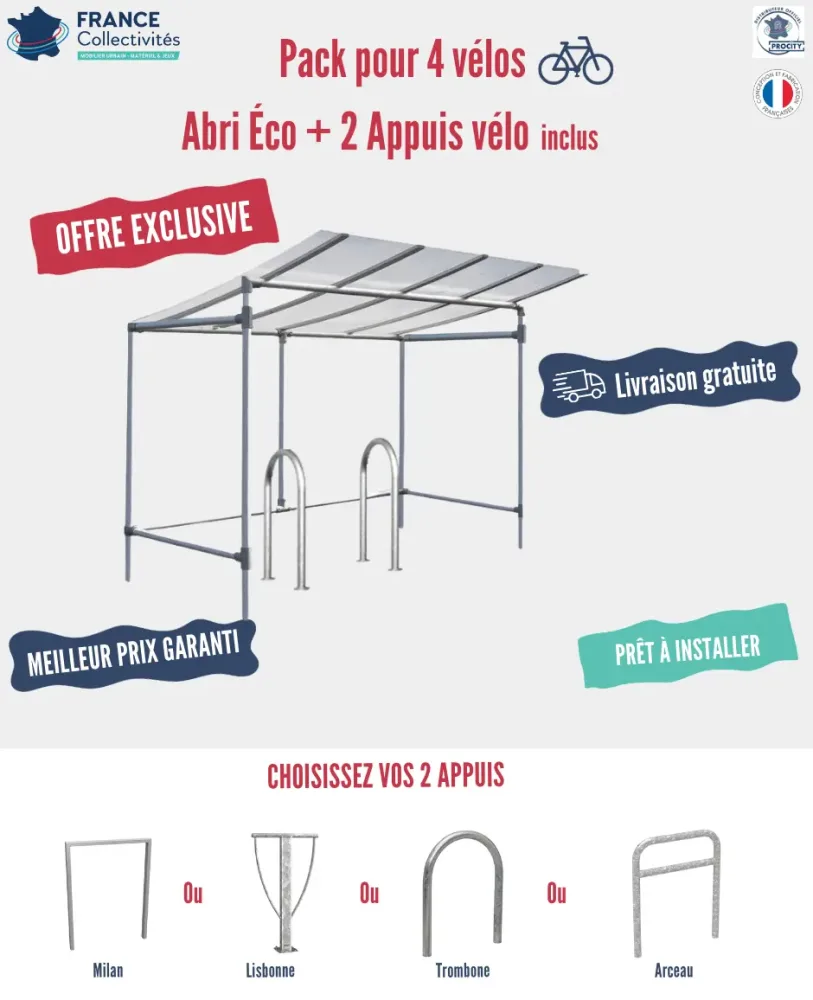Pack abri vélos Éco + appuis au choix - 4 places