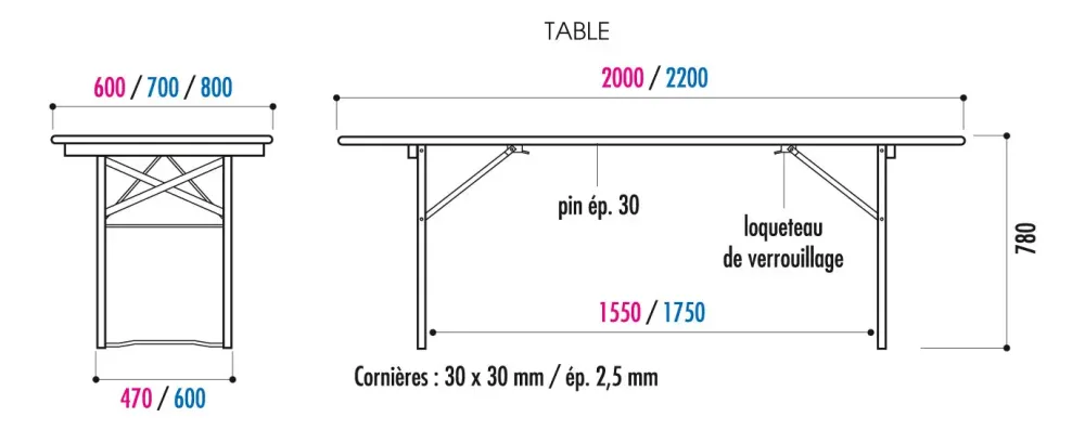 Table pliante bois cornière 220 x 70 cm – Image 3