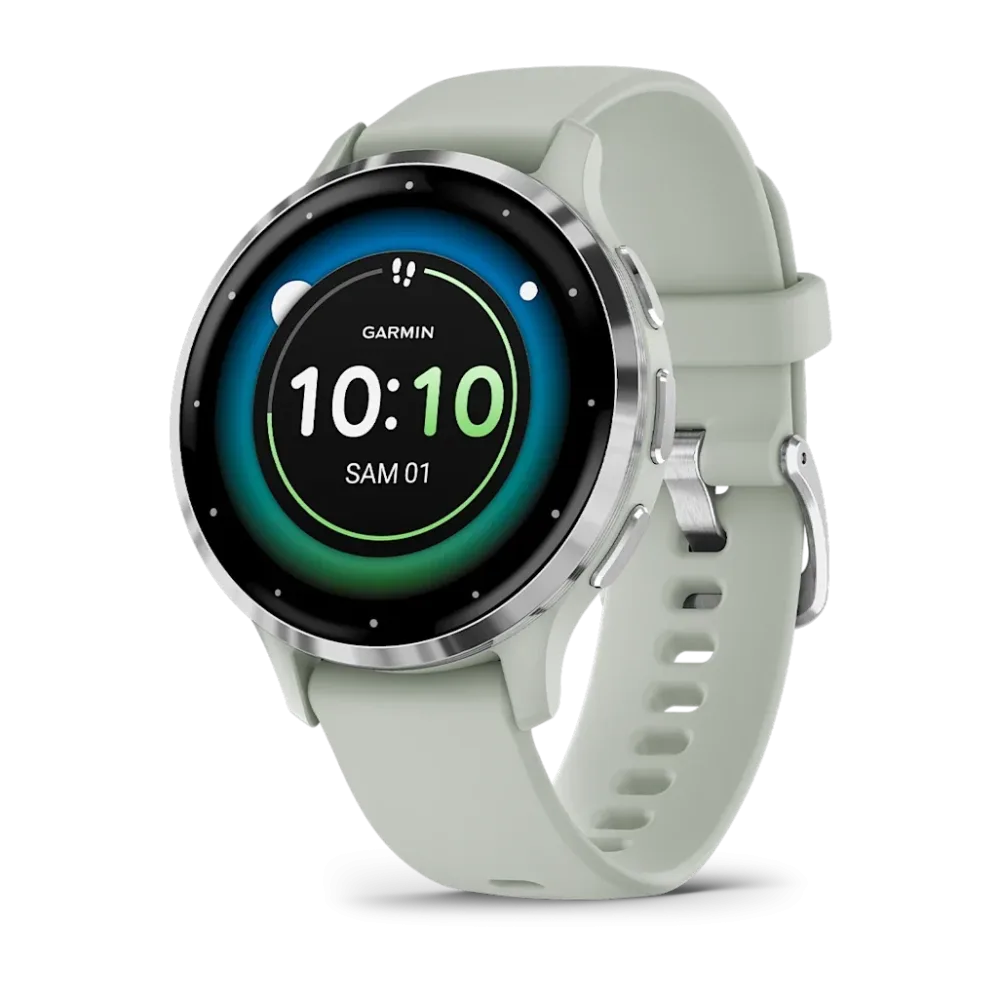 Montre de Sport Garmin Venu 3S boîtier acier inoxydable et bracelet en silicone vert sauge