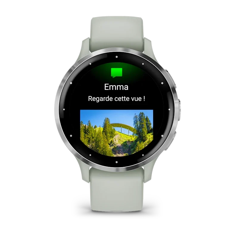 Montre de Sport Garmin Venu 3S boîtier acier inoxydable et bracelet en silicone vert sauge – Image 2
