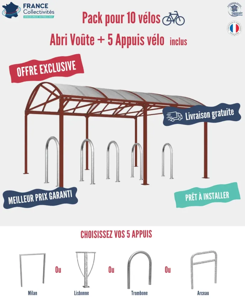 Pack abri vélos Voûte + appuis au choix - 10 places