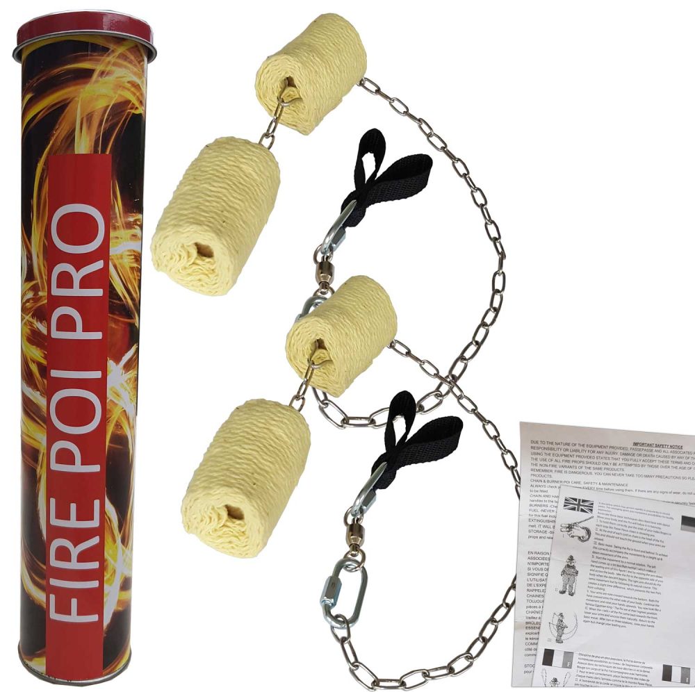 Paire de Bolas de feu pro Double + Extincteur – Mèches Kevlar 4 x 5cmx75cm – Double Poignées – Emerillon à roulement – maillon rapide – chaîne soudée